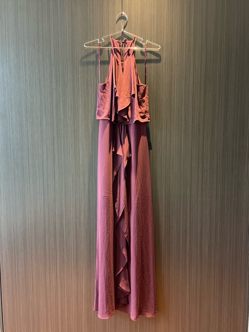 BCBGMaxAzria Mauve Halter Ruffle Maxi Dress